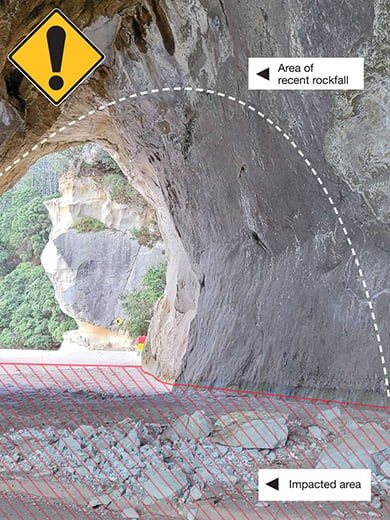 Image showing area of rockfall damage in the arch with red hazard highlights