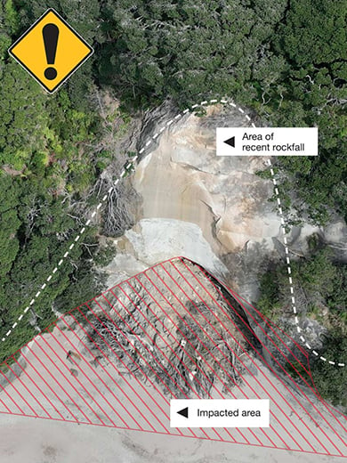 Image showing area of cliff rockfall damage with red hazard highlights