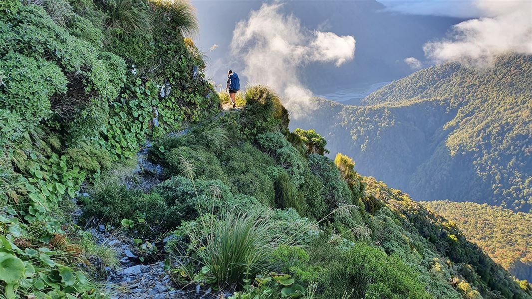 A lone person walks along a small track cut into the side of a a steep hill.