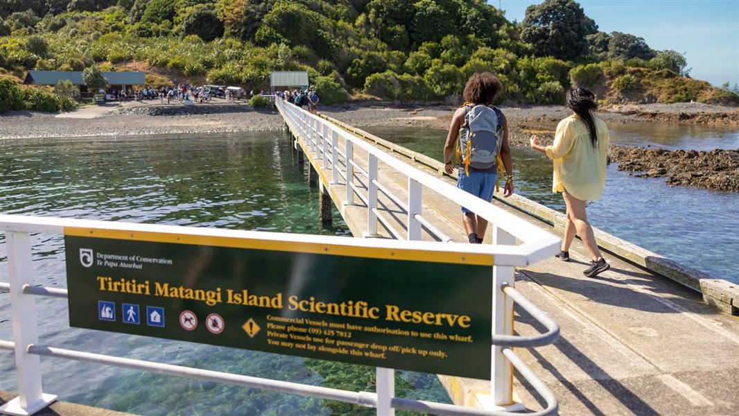 Two people walk down a wharf towards an island on a sunny day. 