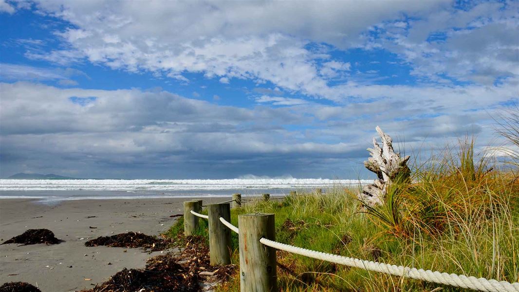 Looking along the shoreline, Waihi Beach. 