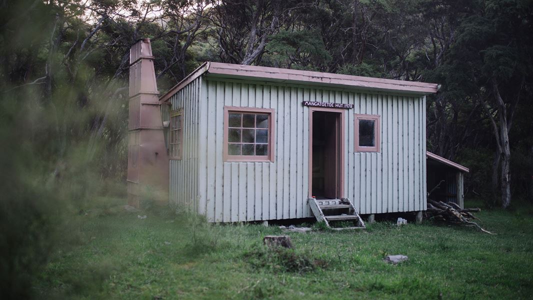 Small building on grass by trees.