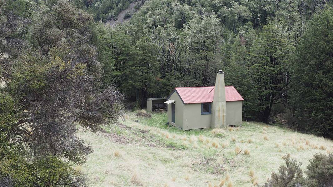 Hut in grassy clearing. 