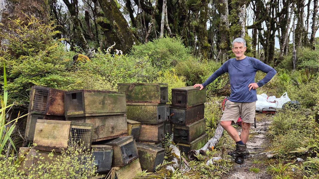 Trust volunteer with a stack of old traps to be flown out.