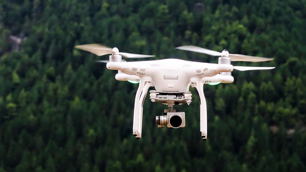 Drone flying over trees.