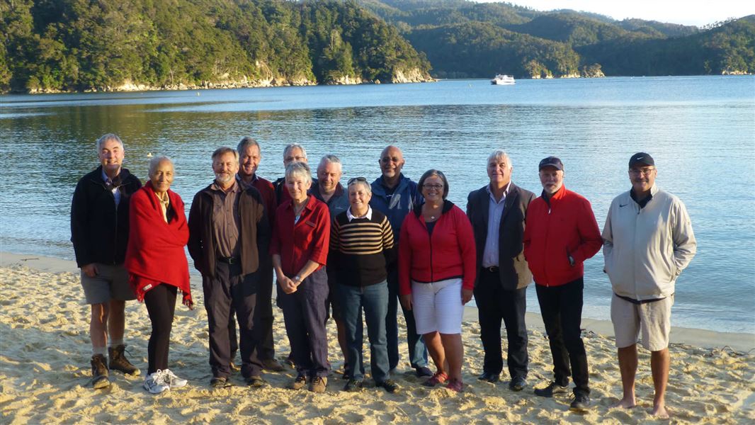 Authority members and DOC Director-General, Lou Sanson, outside Anchorage Hut, Abel Tasman National Park, April 2016. 