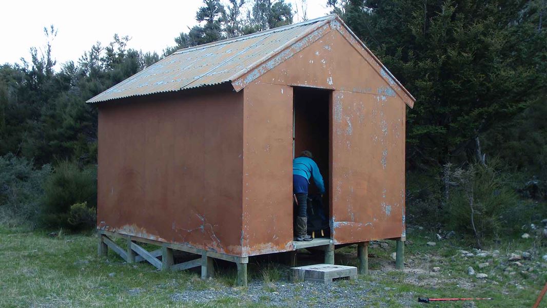 A small hut surrounded by trees.