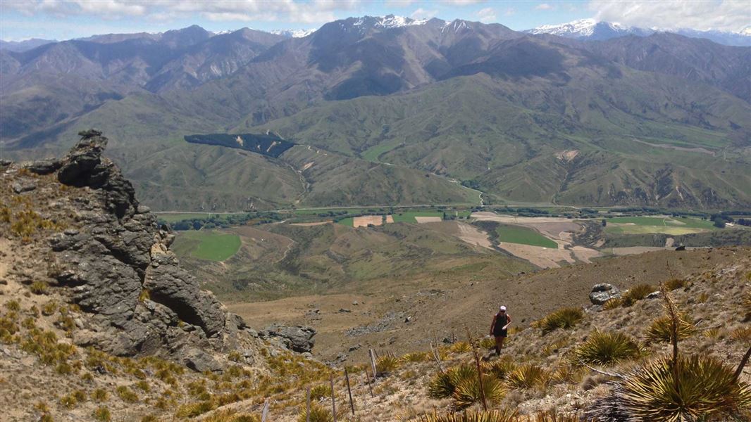 Person on Little Criffel Track surrounded by mountains. 