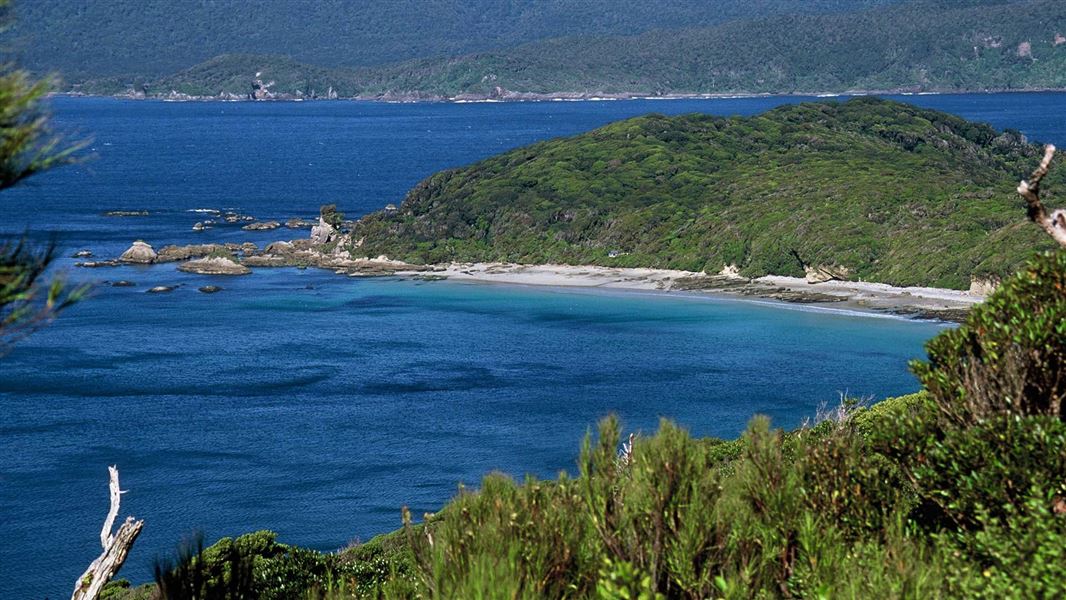 Landscape view into Sealers Bay on Chalky Island.