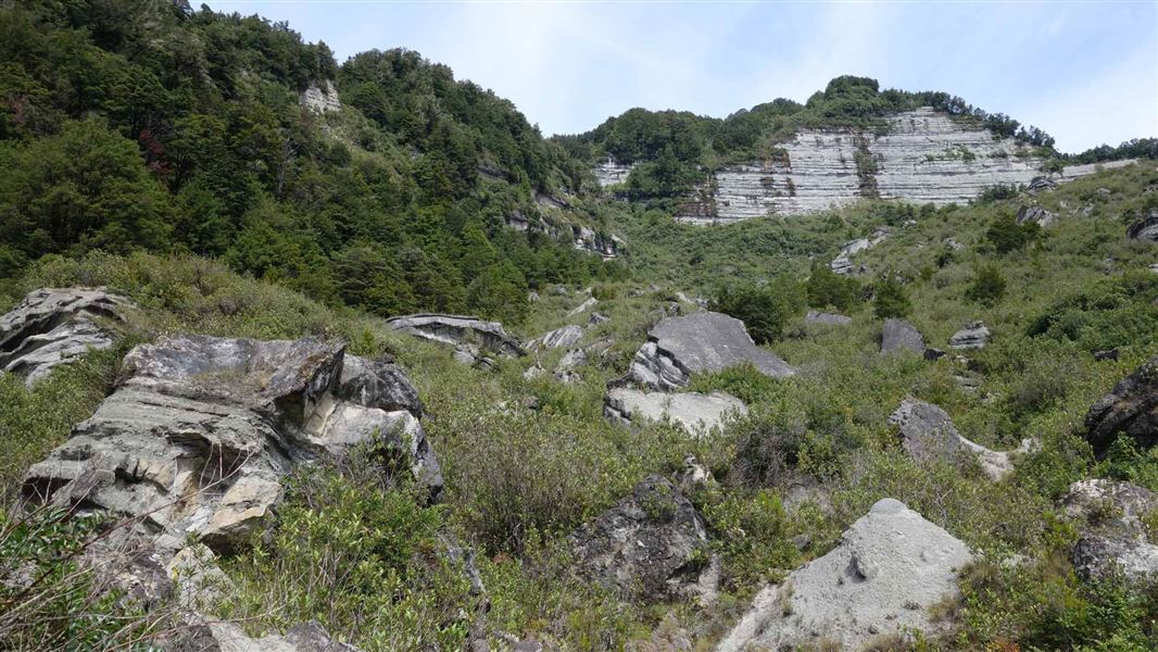 Slip jumble and mud stone cliffs from in 1929 earthquake. 