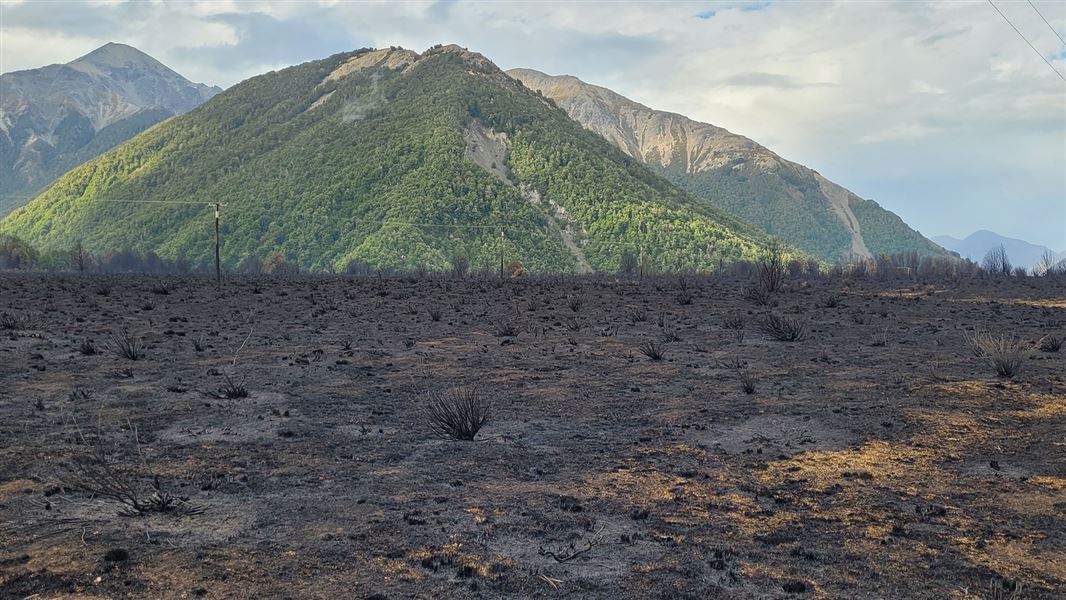 Green hills in the distance. Charred ground in the foreground.