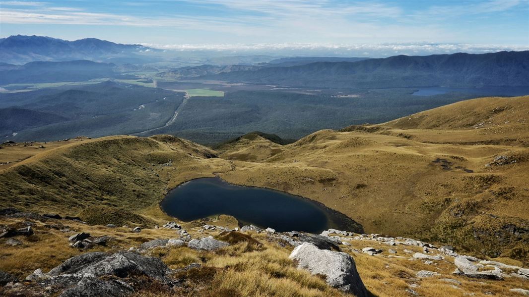 View of hilly landscape.