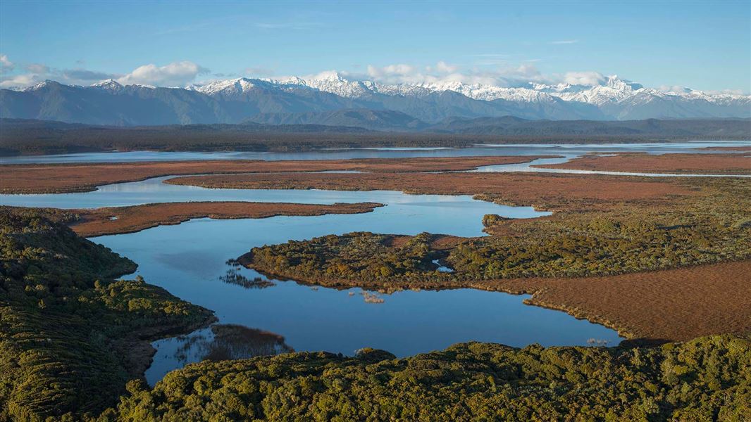 Late afternoon aerial photo of a wetland surrounded by forest with snowy mountains in the distance.