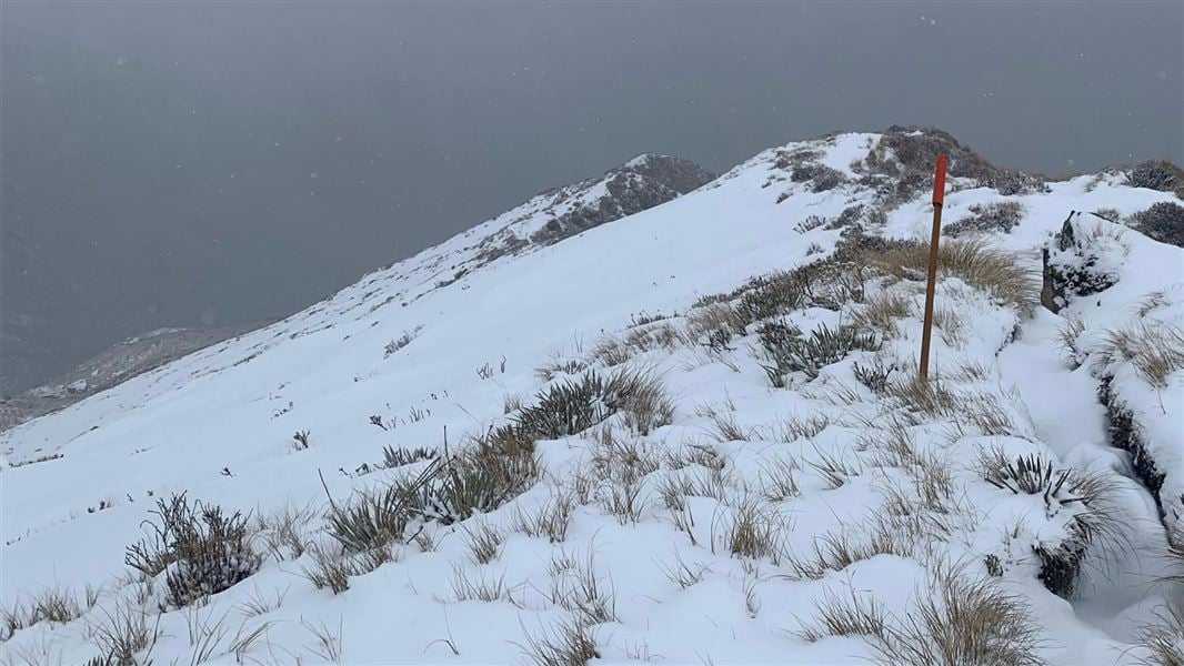 Hill top with poled route covered in snow. 