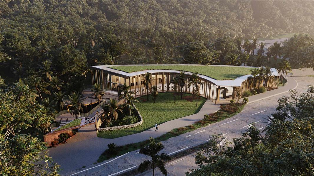 A rendered image of a building with a green roof surrounded by forest.