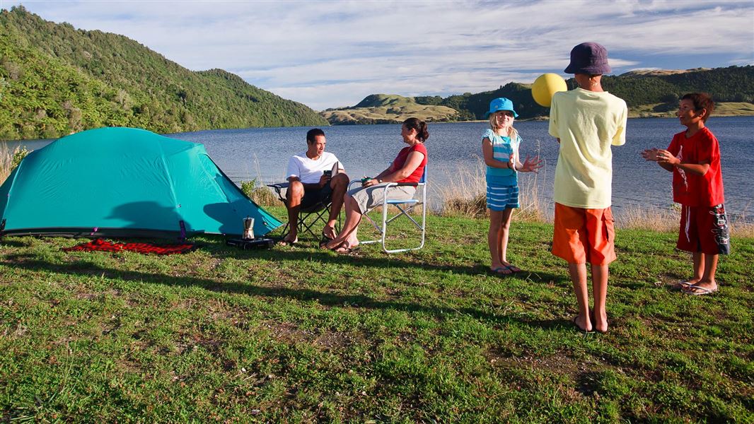 Family at Lake Okareka Campsite