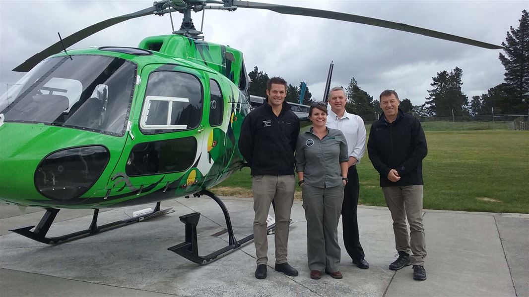 Christchurch Helicopters Director Richie McCaw, DOC Threatened Species Ambassador Nicola Toki, DOC Eastern South Island Operations Director Andy Roberts, Christchurch Helicopters CEO Terry Murdoch. 