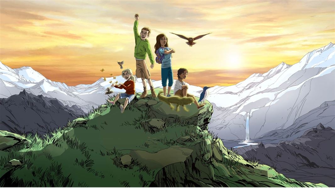 Illustration of children on a mountain. 