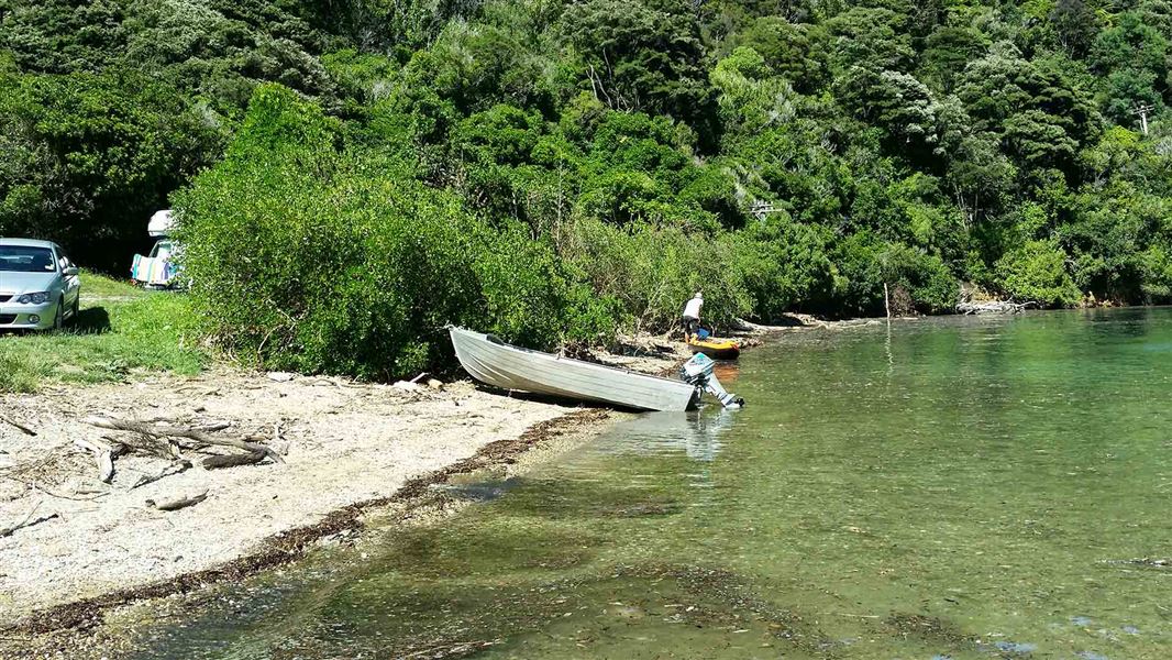 Boat at Nikau Cove Campsite. 