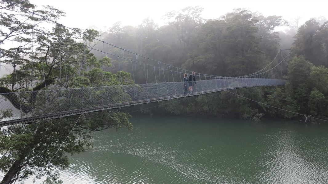 Walk across the longest swingbridge in Fiordland