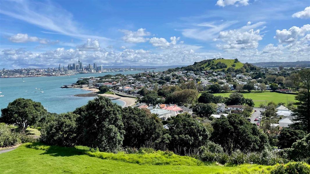 View across harbour to a Auckland city.