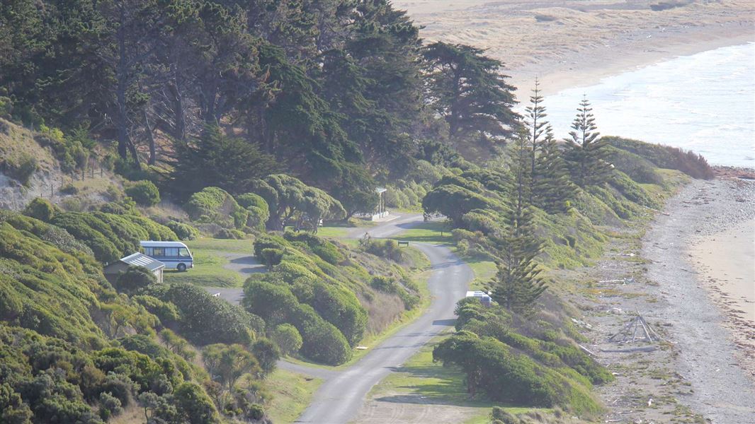 A beach side campsite from above.