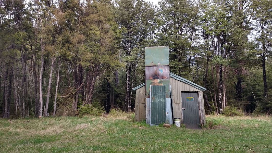 Hut surrounded by tall trees.