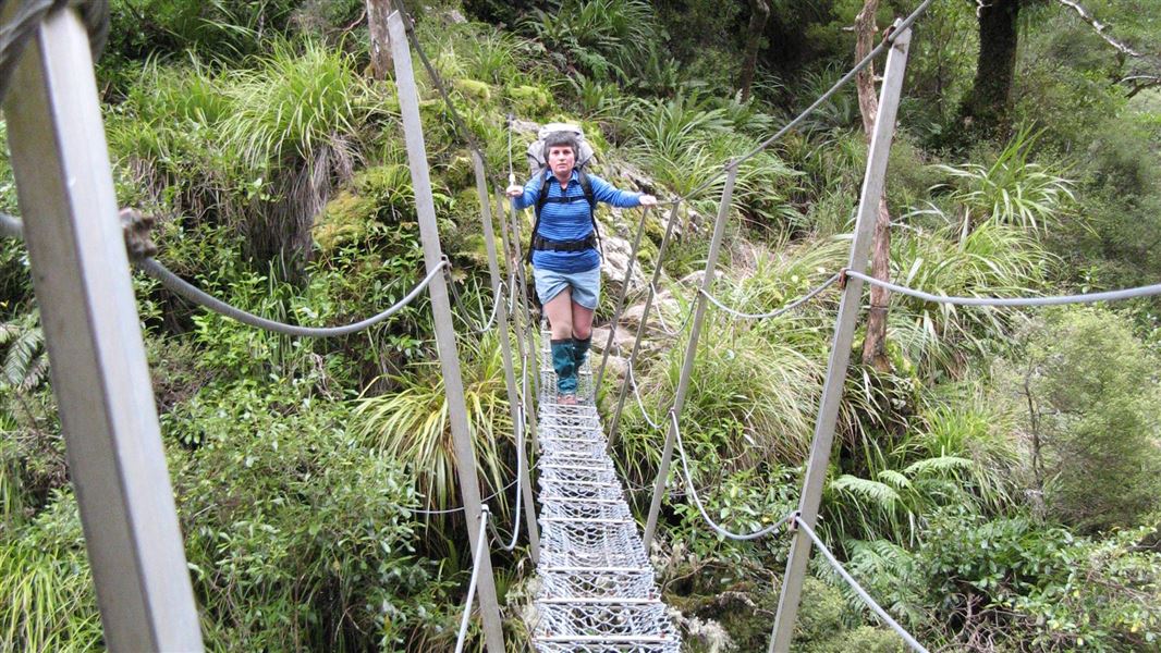 Person cross the Pourangaki River on a bridge. 