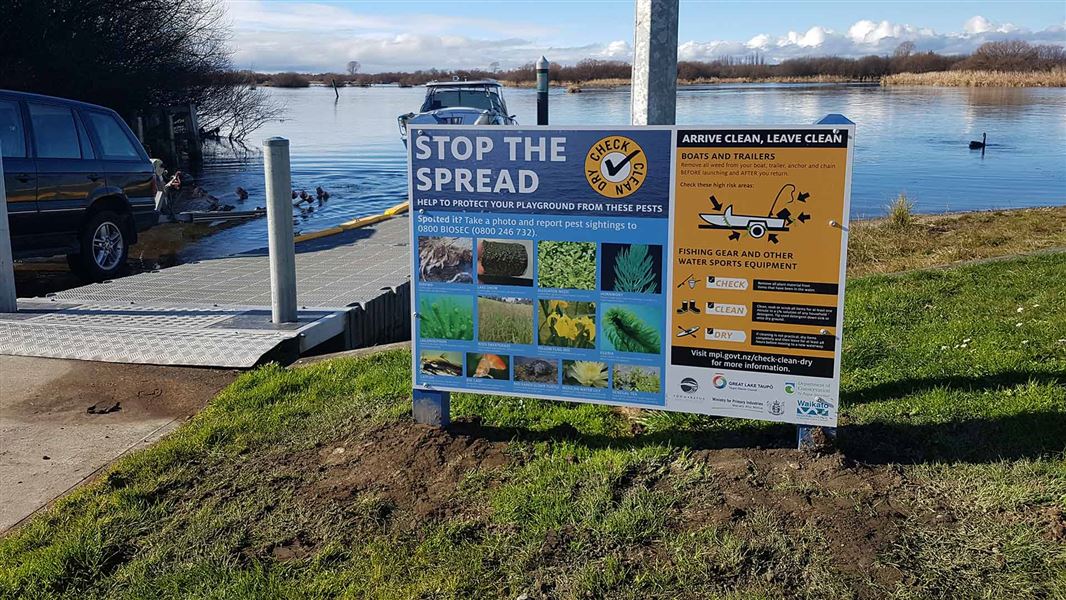 Stop the spread signs at Tokaanu boatramp. 