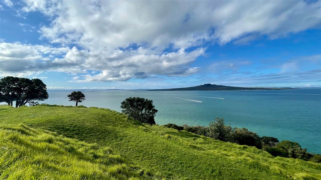 View across to Rangitoto from hilltop. 