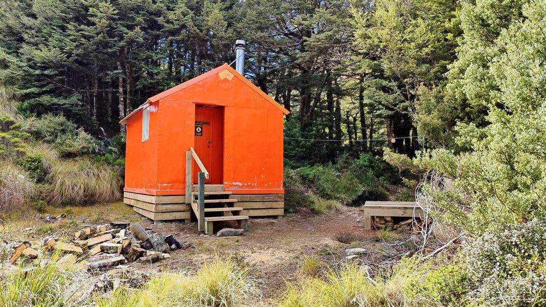 Bright orange Studholme Saddle Hut nestled in amongst the trees