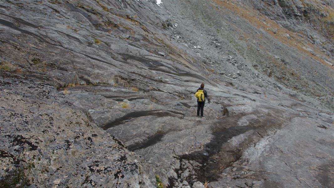 Steep slab rock on Gertrude Saddle Route.