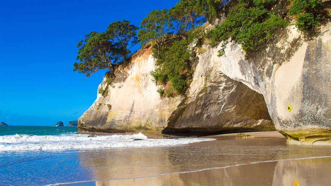 Mautohe Cathedral Cove archway with stunning golden sand and a blue sky.