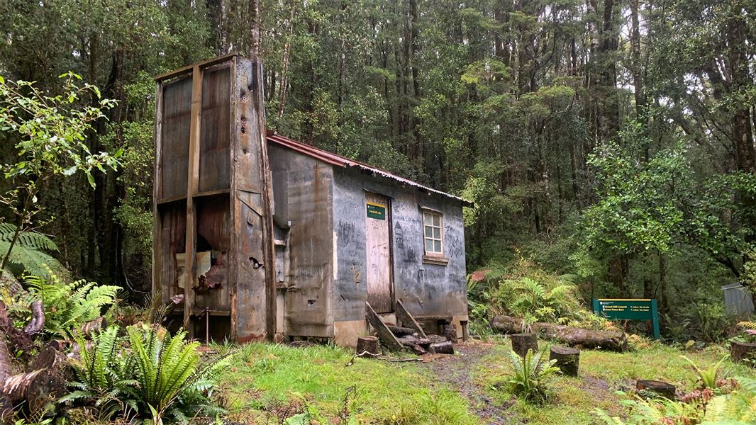 Tin hut by trees.