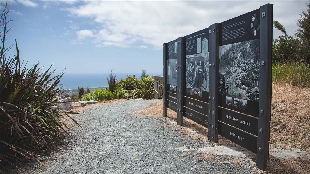 Information boards at Denniston Mine.