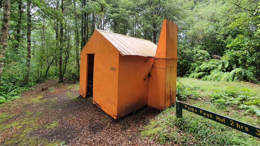 Bright orange hut with chimney surrounded by green trees and ferns. 