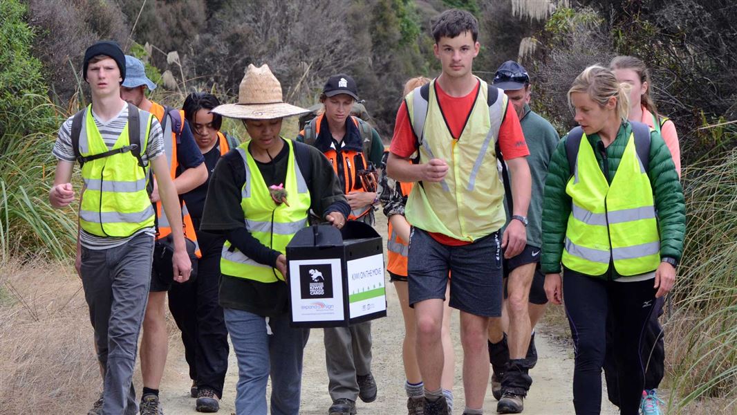 Kiwi Forever students carrying kiwi. 