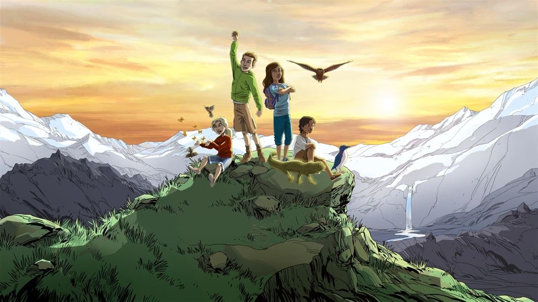 Illustration of children and animals on mountain top