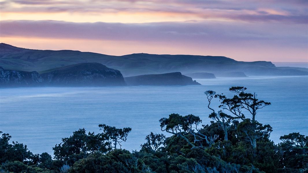 A landscape shot of a body of water at the foot of a small mountain, lit by purple at dusk.