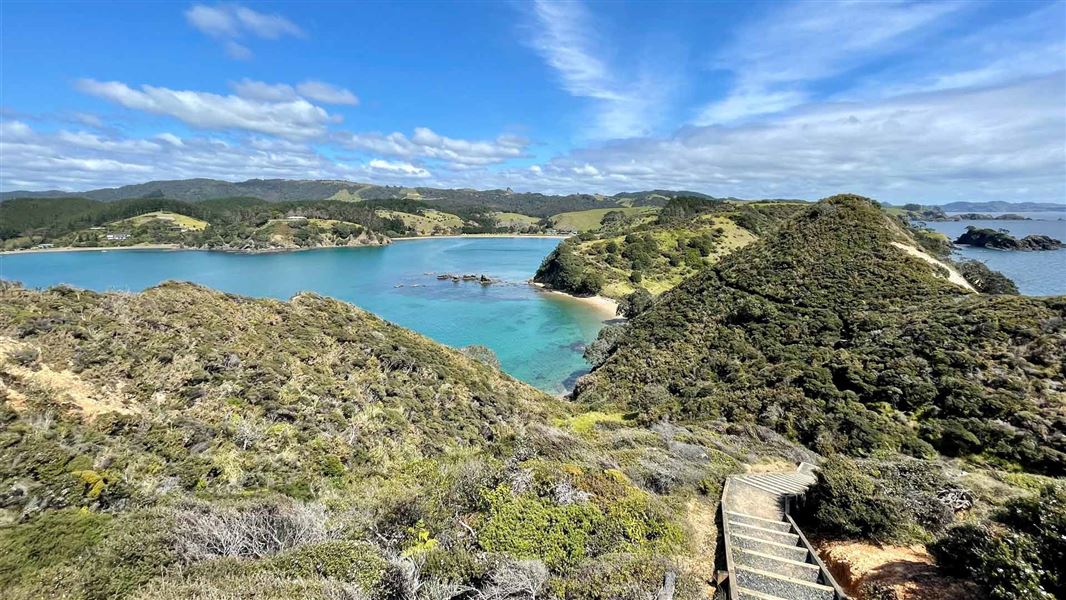 Steps leading down a peninsula track with a bay in the background.