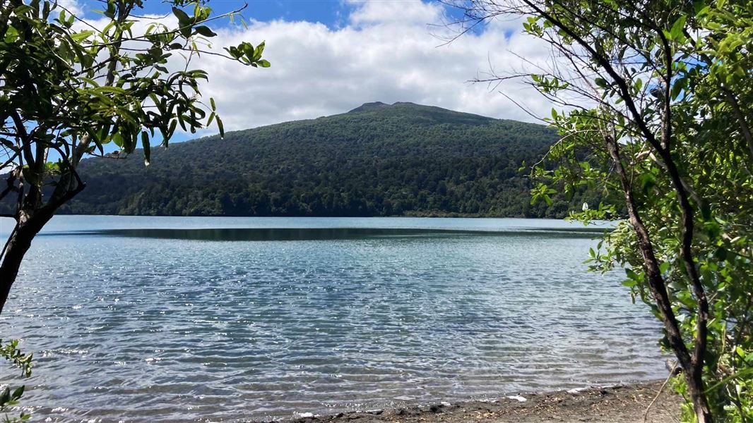 View of Mt Pihanga across the lake.  