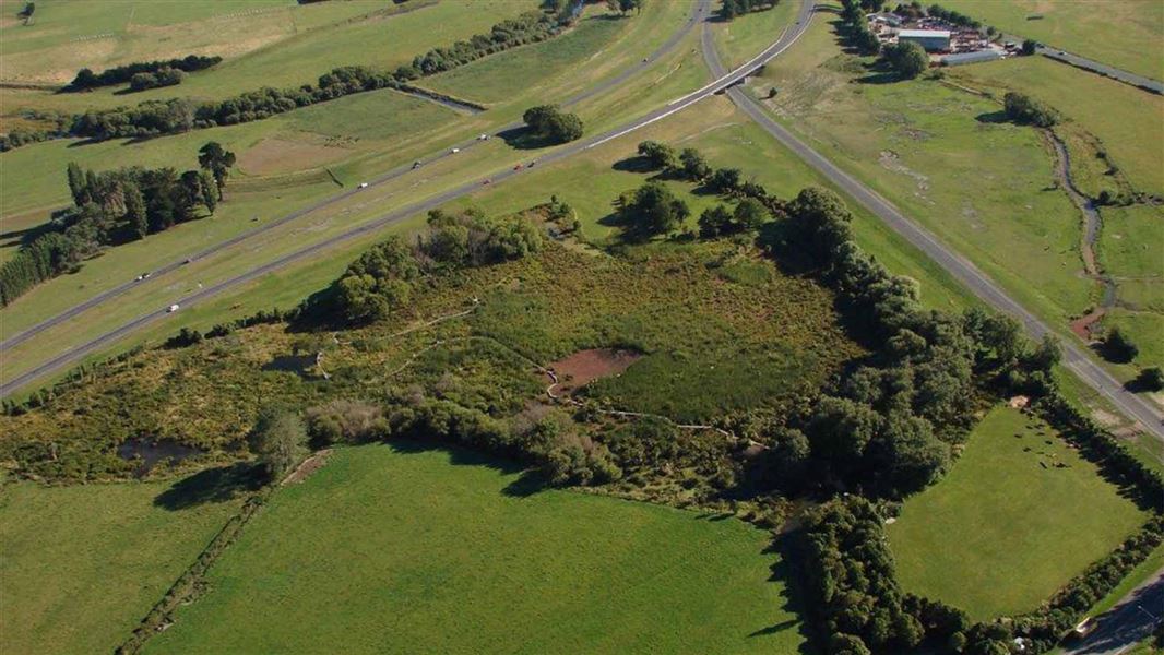 Aerial view of a swampy area that has a winding track going through it.