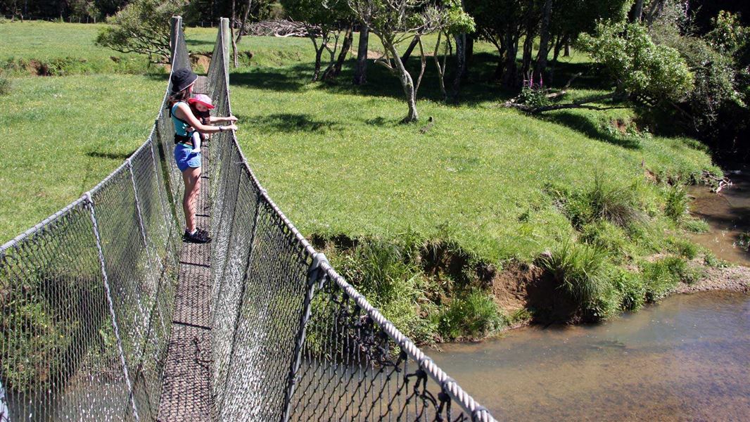 Mother and baby on bridge, Karakariki Track. 