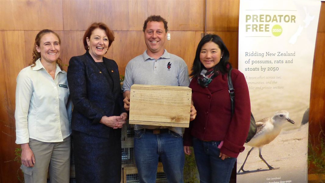 DOC Ranger Kellie Mayo with Minister for Conservation Maggie Barry and Jake and Tomomi Bowcock from Pest Free Esk Hill. 