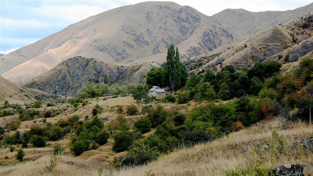 Historic Needhams cottage in valley. 