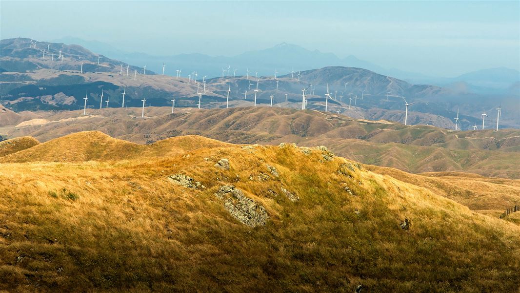 Wind turbines viewed from Rangituhi/Colonial Knob Scenic Reserve. 