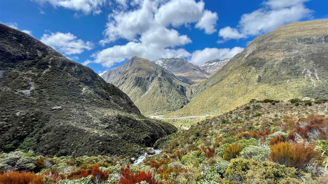 View up tussock lined valley to mountain range.