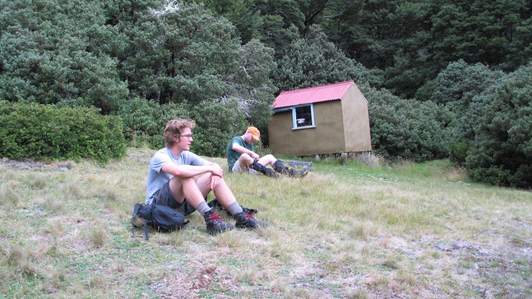 Trampers at Top Hut, Ahuriri. 