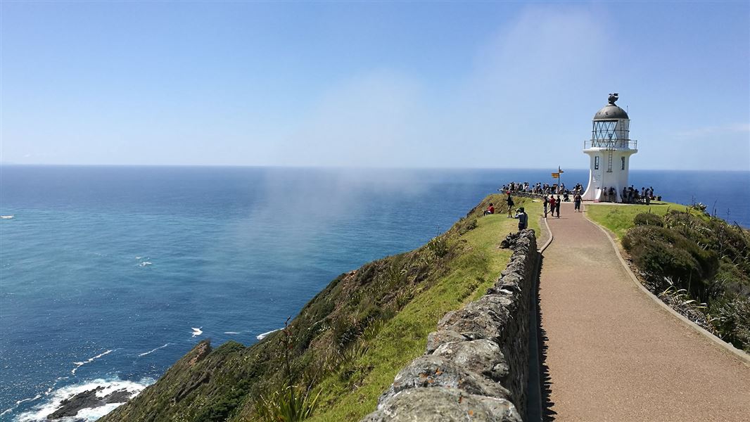 Sea spray wafts across the Cape Reinga walk to lighthouse.