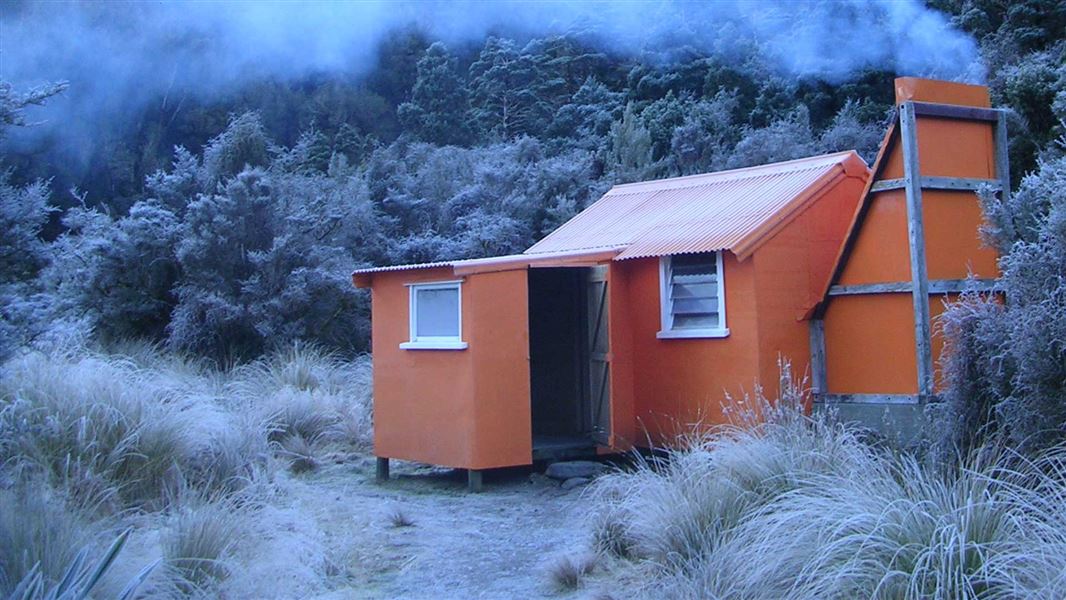 Old Cedar Flat Hut in frost. 